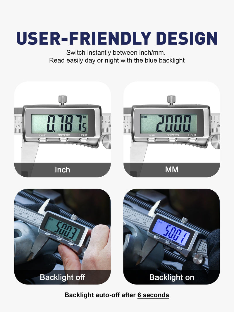 6'' Rechargeable Digital Caliper, All Metal & Long Lasting Design | Digital Vernier Caliper Measuring Tool with 0.001'' Accuracy, LCD Backlight Screen, Fast Type-C Charging & Auto-Off Design