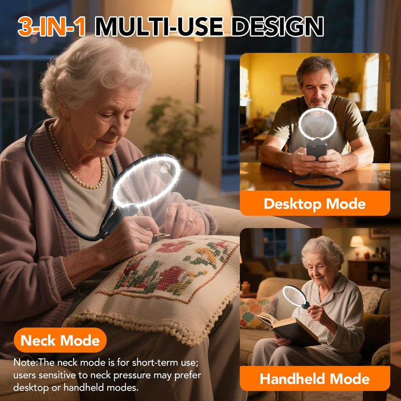 2500mAh Magnifying Glass with Light, Upgraded LCD Display Screen, 5X/10X Magnifier with Light Hands Free for Reading, Knitting, Cross Stitch & Crafts, Lighted Magnifier for Seniors & Low Vision 2500mah | Battery Display Neck-Worn Magnifier