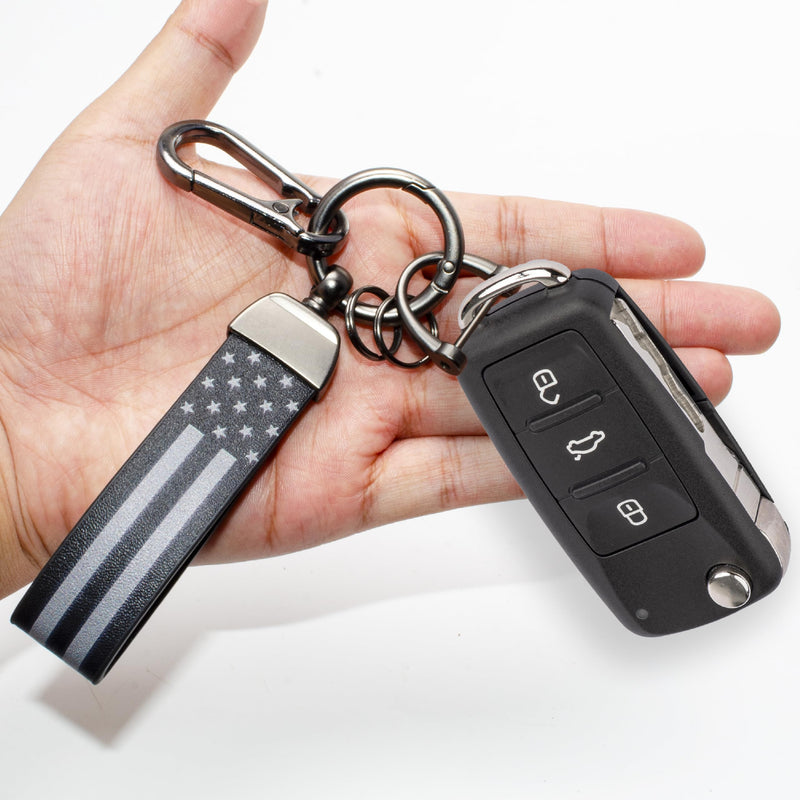 Car Key Chain, Leather Car Keychains for Men, American Usa Flag Key Chains with Anti-Lost D-Ring Black