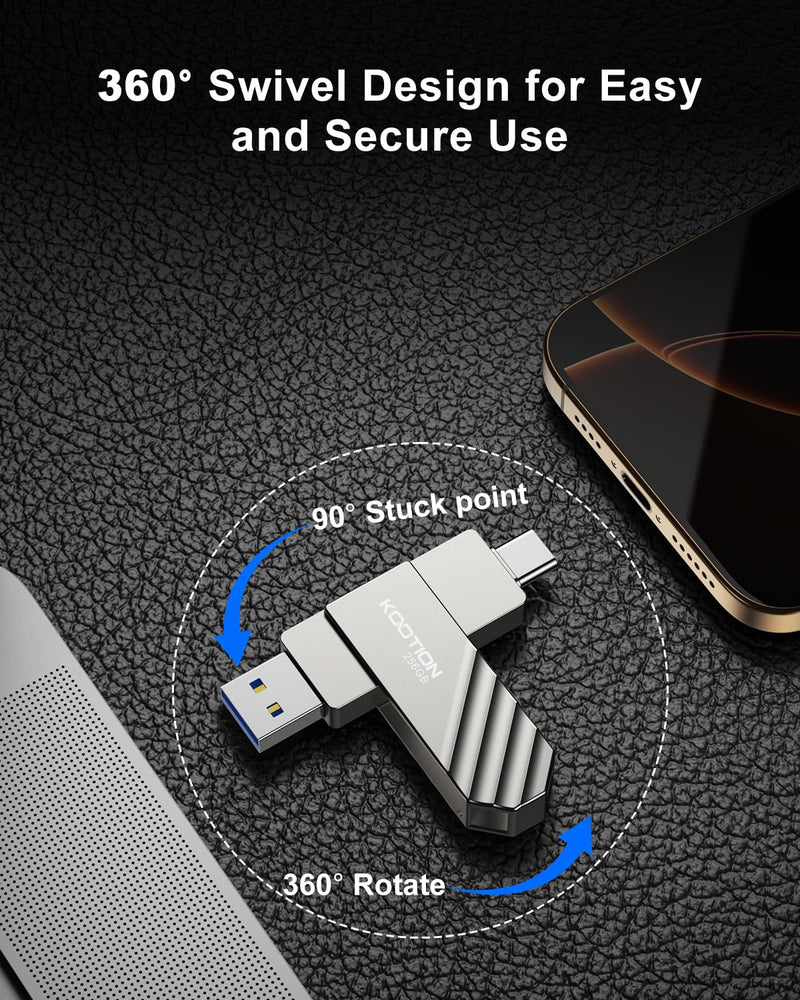 KOOTION 256GB USB 3.2 Flash Drive Metal Type C USB Solid State Drive Up to 450MB/s Dual USB C Flash Drive Swivel Thumb Drive Pen Drive Memory Stick for iPhone15, Silver Up to 450 MB/s