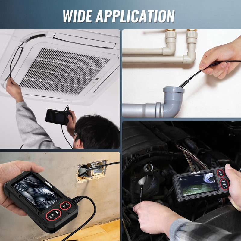 WORKPRO 4.3-Inch Rechargeable Industrial Endoscope Camera, IP67 Waterproof 1920P HD Dual Lens Borescope with 9 Adjustable LEDs, Inspection Camera with 16.4 ft Semi Rigid Cable