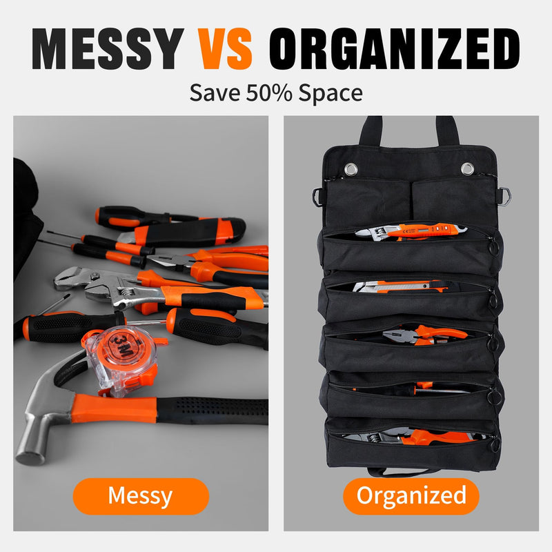 Portable Foldable Roll Up Tool Bag, Heavy Duty Tool Organizer Bag with 5 Compartments & 2 Detachable Pouches for Tools Storage, Waterproof Tool Roll Bag for Dad Men Electrician Mechanic Gifts black