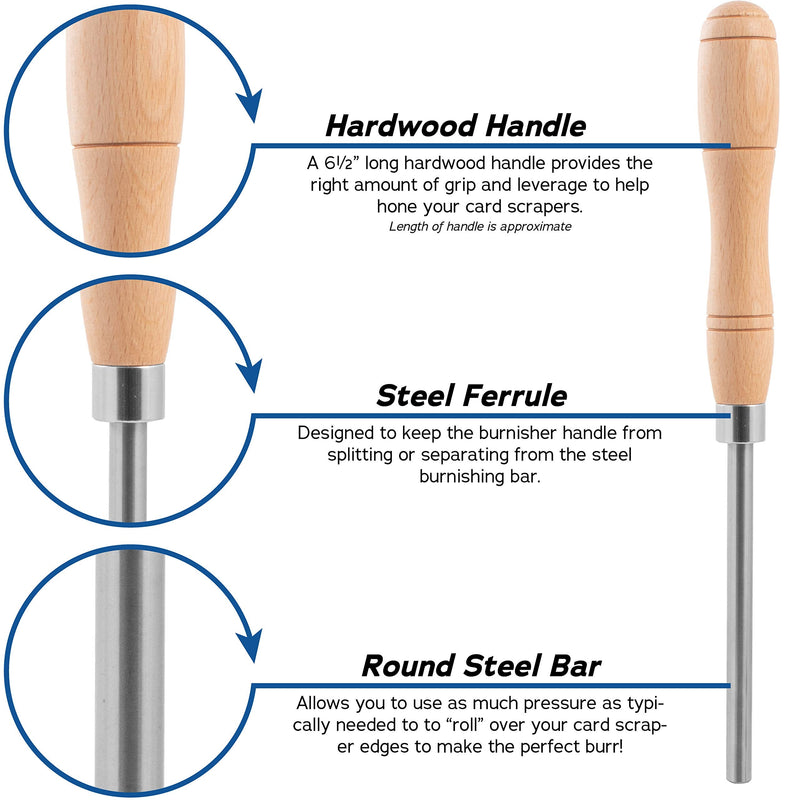 Scraper Burnisher for Creating Sharp Burrs and Honing Card Scrapers 6 inch Steel Rod with Hardwood Handle