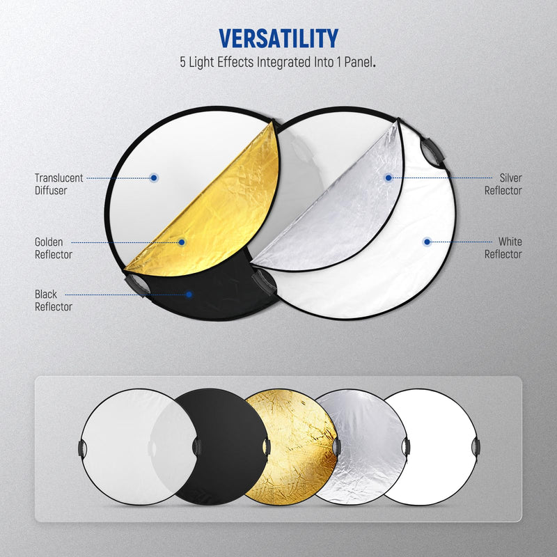 NEEWER 22"/56cm Light Reflector with Clamp & Hand Grips, 5 in 1 Collapsible Multi Disc Photography Reflector Translucent/Silver/Gold/White/Black with 3/8" Thread for Studio Outdoor Lighting, RF-56II 56cm w/Clamp
