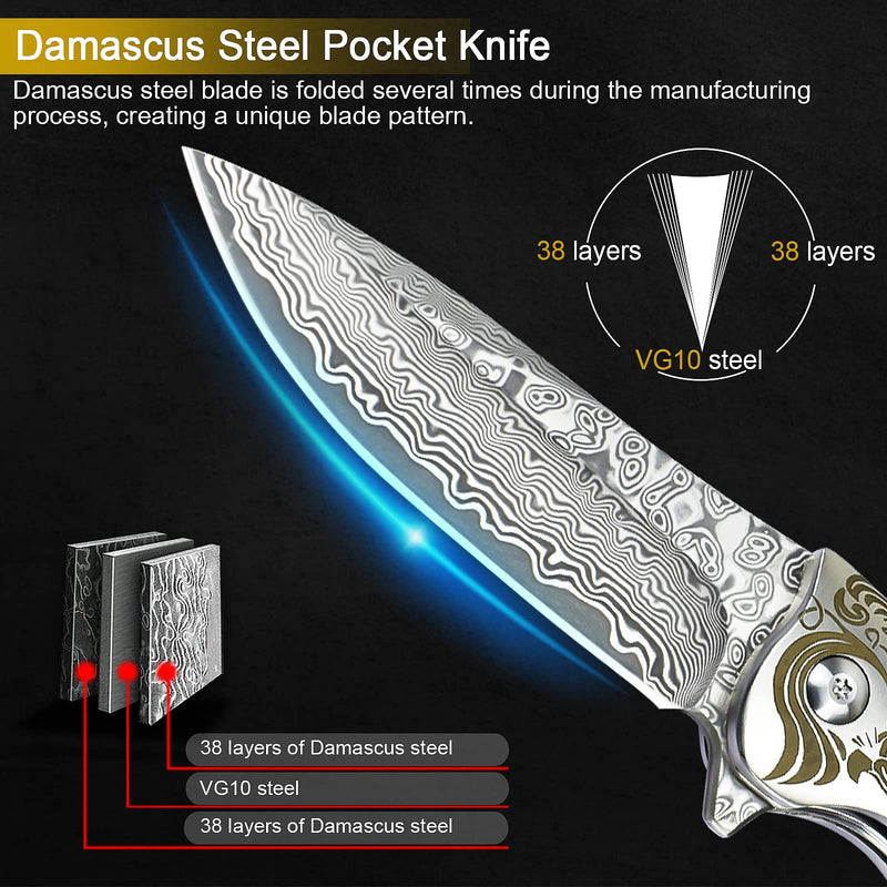 AUBEY Damascus Pocket Knife with Clip, Folding Knives with VG10 Damascus Steel Blade, Wooden Handle, Foldable EDC Knifes for Outdoor Survival Collection Gift A-Rosewood Handle
