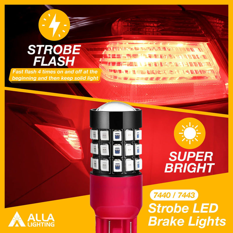 Alla Lighting Upgraded T20 7440 7443 LED Strobe Brake Lights Bulbs, Red Flashing Stop Lamps, W21W 7440LL 7443LL Strobe LED Taillights Replacement for Cars, Trucks, SUVs, Vans Pure Red