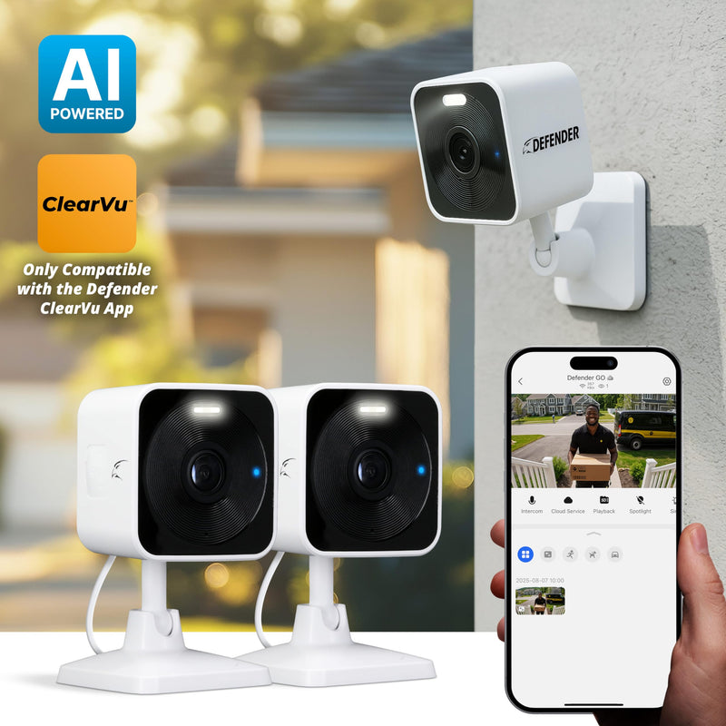 Defender GO 2K AI Powered Plug-in Indoor/Outdoor Home Business, Pet, Baby Camera, AI Detection, Dual Band Connection, Spotlight/Siren, Color Night Vision, 2-Way Talk, Works w/ClearVu App, 2 Pack 2 Cameras