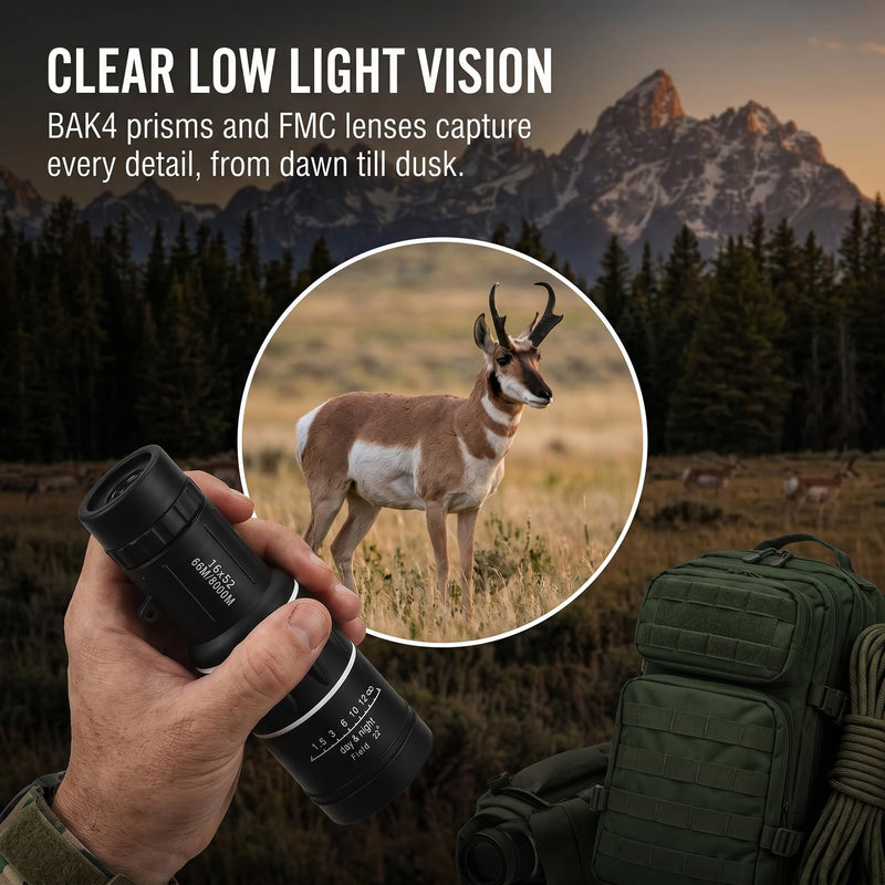 16x52 Monocular Telescope for All Ages – High Powered Compact | Waterproof BAK4 prism, for bird watching, hiking, hunting & wildlife, great gift for men dad husband, outdoor essential