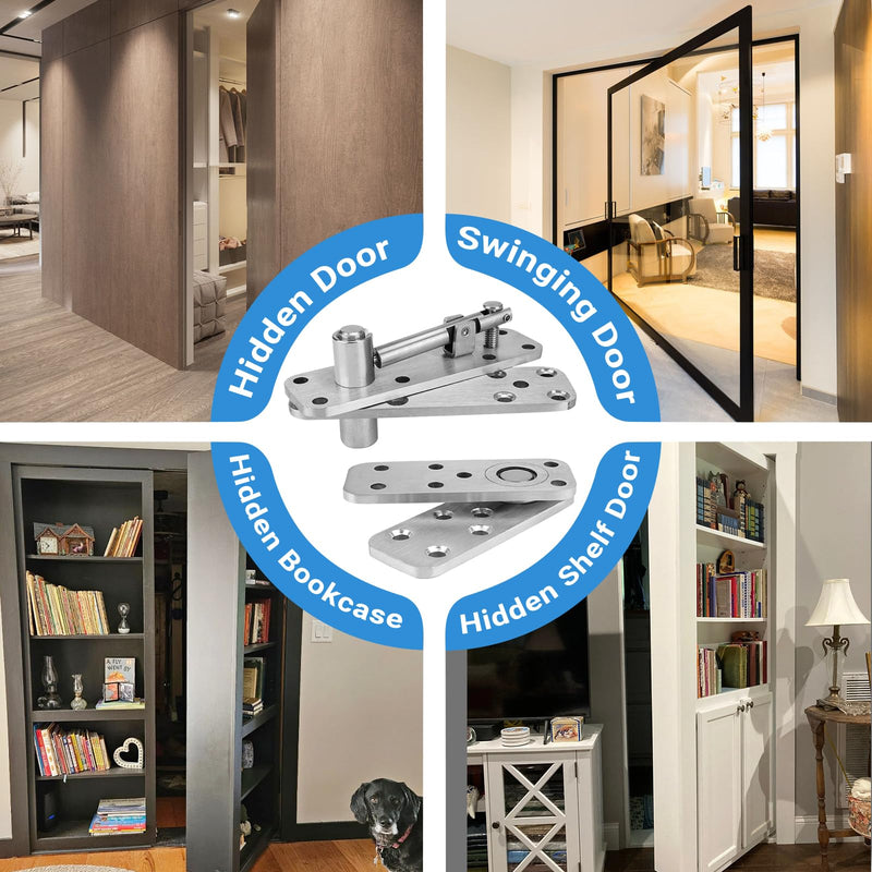 Hidden Door Hinge Pivot, 570lbs Heavy Duty Invisible Door Hardware for Secret Room & Concealed Bookcase, 360° Swing Door Hinge System (Silver) Silver