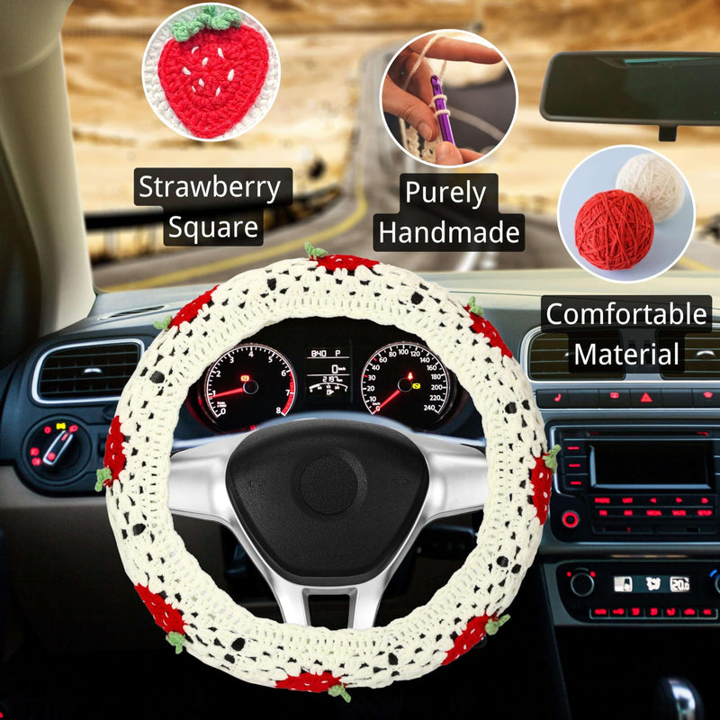 Crochet Steering Wheel Cover Set,Cute Car Steering Wheel Cover Boho 14-15 in, White Strawberry Granny Square Pattern,Women Car Accessories (A Wheel Cover) A Wheel Cover