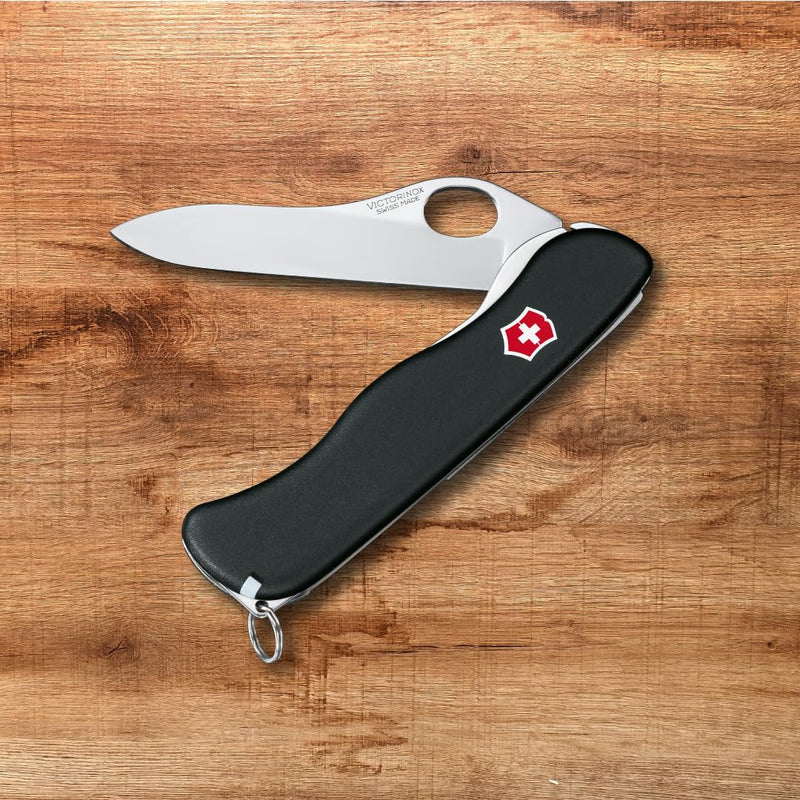 Victorinox Sentinel One-Hand Pocket Knife with Lock Blade and Clip - Black | Swiss made stainless steel construction, 5 functions, ultra lightweight streamlined design, key ring, and slim profile