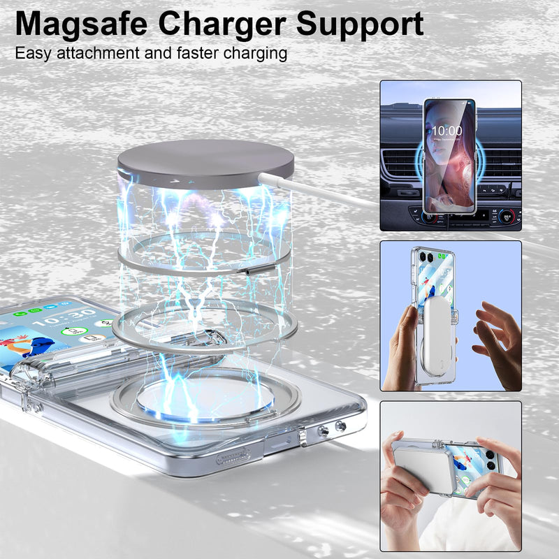 Designed for Z Flip 8 Case Clear Magnetic with Kickstand Hinge Protection | Compatible with MagSafe Slim Protective Phone Case with Screen Protector Plating Cover for Samsung Galaxy Z Flip 8 Clear B