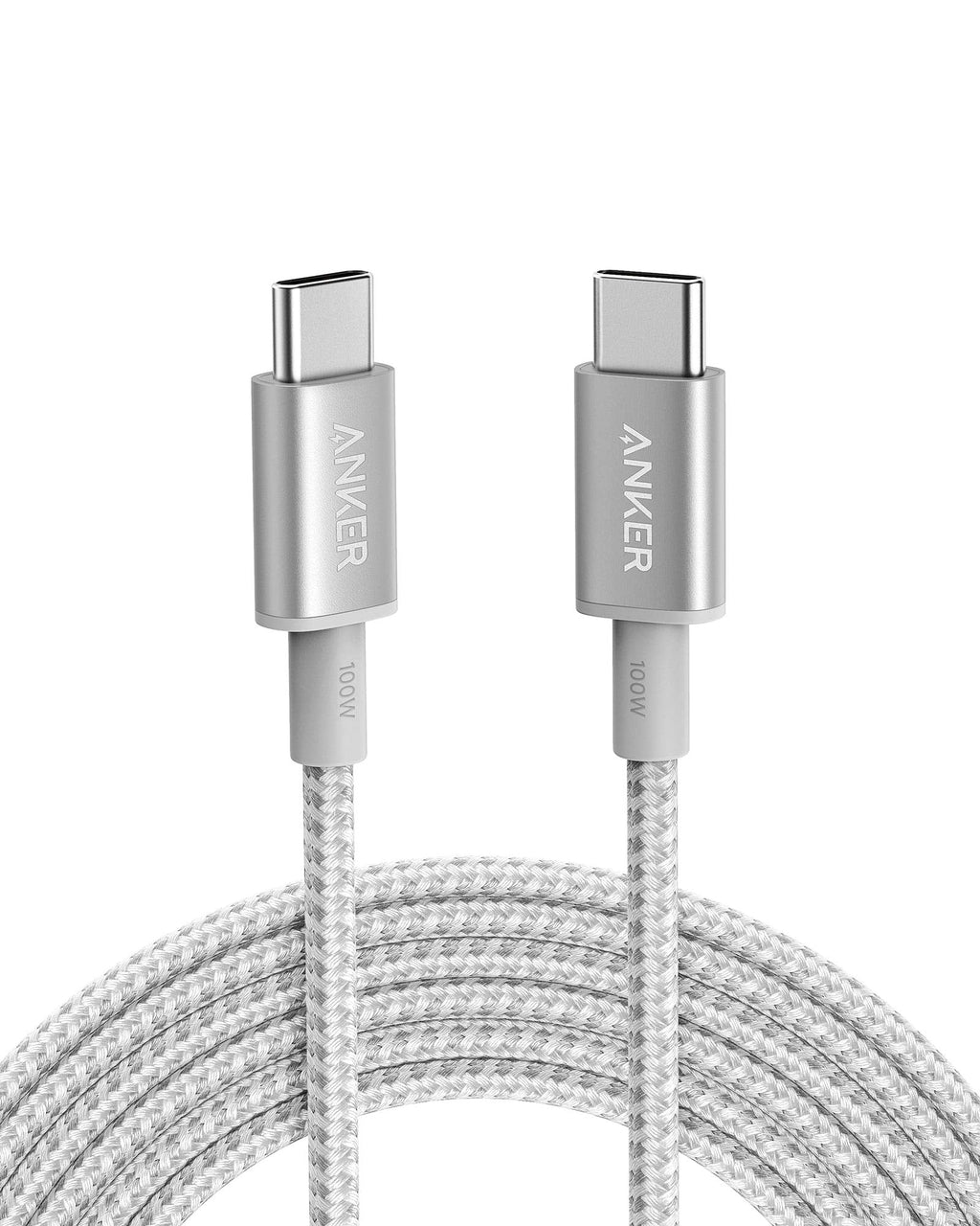 Anker Cable 100W 10ft, New Nylon USB C to USB C 2.0, Type C Charger Fast Charging for MacBook Pro 2020, iPad Pro 2020, iPad Air 4, Galaxy S20, Pixel, Switch, LG, and More(Silver) Silver