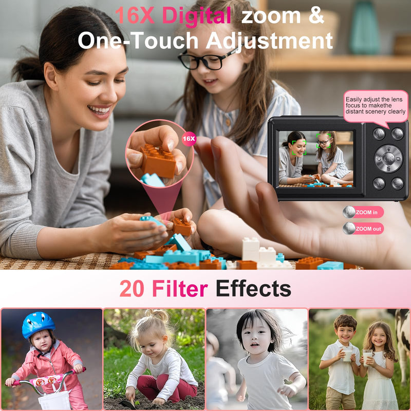 Digital Camera Dual Screen Kids Camera 4K 48MP with Autofocus & 16X Zoom, Internal Battery, 64GB SD Card Included | Portable Selfie Camera for Teens Children, Starter Vlogging Cameras Black