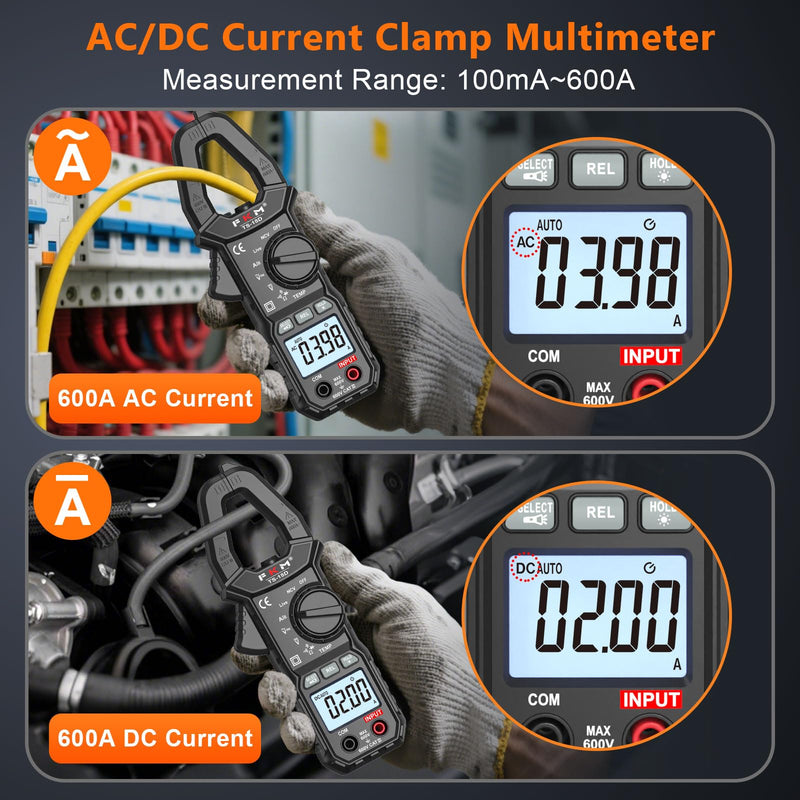 FKM AC/DC 600 Amp Clamp Meter Multimeter Tester TRMS 6000 Counts Auto-ranging Smart Digital Voltage Tester,for AC/DC Current/Voltage,NCV Detection,Capacitance,Resistance,Ohm,Continuity,Diode,Hz,Temp Black-(AC/DC Current)Clamp Meter