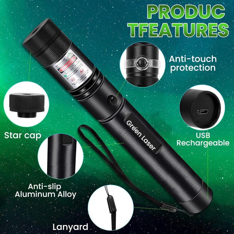 Rechargeable Green Laser Pointer, Long Range Laser Pointer High Power with Star Cap for Astronomy, Architecture, Outdoor Adventures