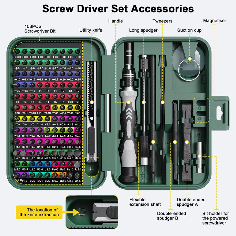 Mini Precision Screwdriver Set with Color-coded Identification, 132 in 1 Micro Magnetic Repair Tool Kits with Storage Box, 108 Bits,Small Manual Screw Driver Toolkits for iPhone/Mac/iPad/Table Green