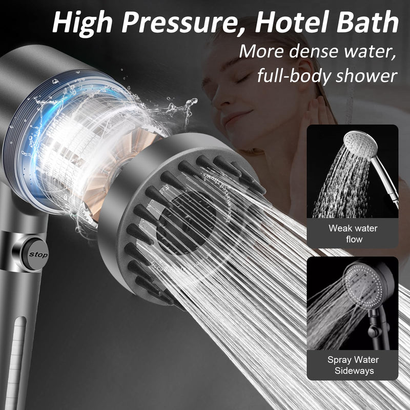 High Pressure Shower Heads with Scalp Massager Shampoo Brush for Skin & Hair Care, Filtered Shower Head with Handheld Sprayer Soften Hard Water, 3 Settings 4 in 1 Detachable Showerhead Set Gray