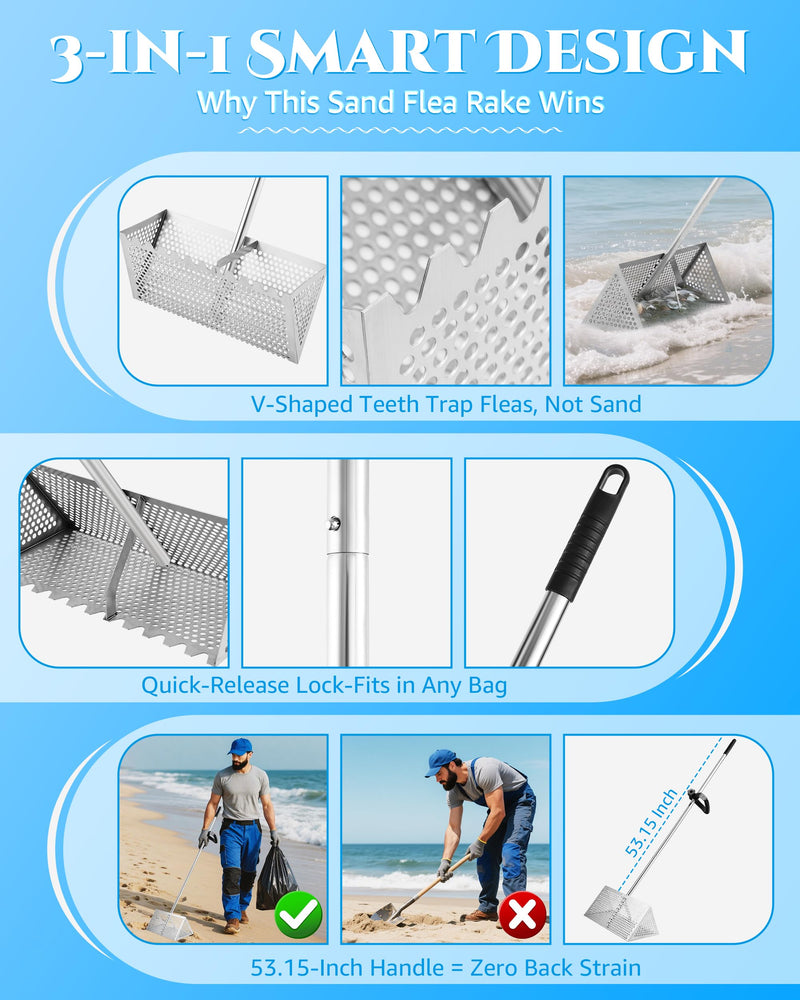 Sand Flea Rake 16" Wide - Detachable 54" Handle with Shark Tooth Screen - Steel Beach Rake for Fishing Bait, Shelling, Yard Cleaning - Saltwater Rust Proof & Portable CHW4881B