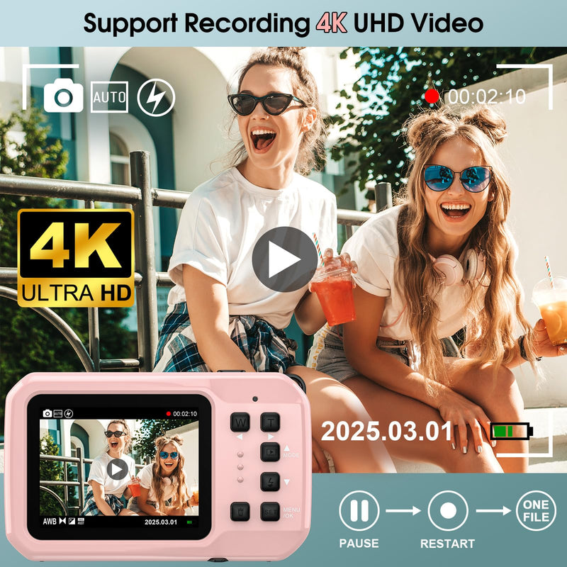 4K Underwater Camera, 64MP 16FT Waterproof Camera w/16GB Card, Pink | Floatable Digital Camera, 16X Digital Zoom, Auto Focus, Fill Light, 650mAh Battery, Ideal for Travel, Surfing, Swimming