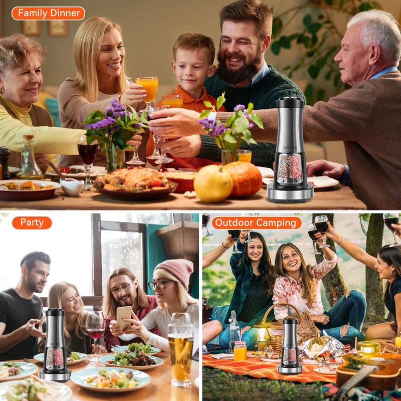 MOVNO 2 in 1 Rechargeable Electric Salt and Pepper Grinder Set with Charging Base, No Need Battery Automatic Salt and Pepper Grinder, One-Handed Operation, Adjustable Ceramic Grinder with LED Light Black