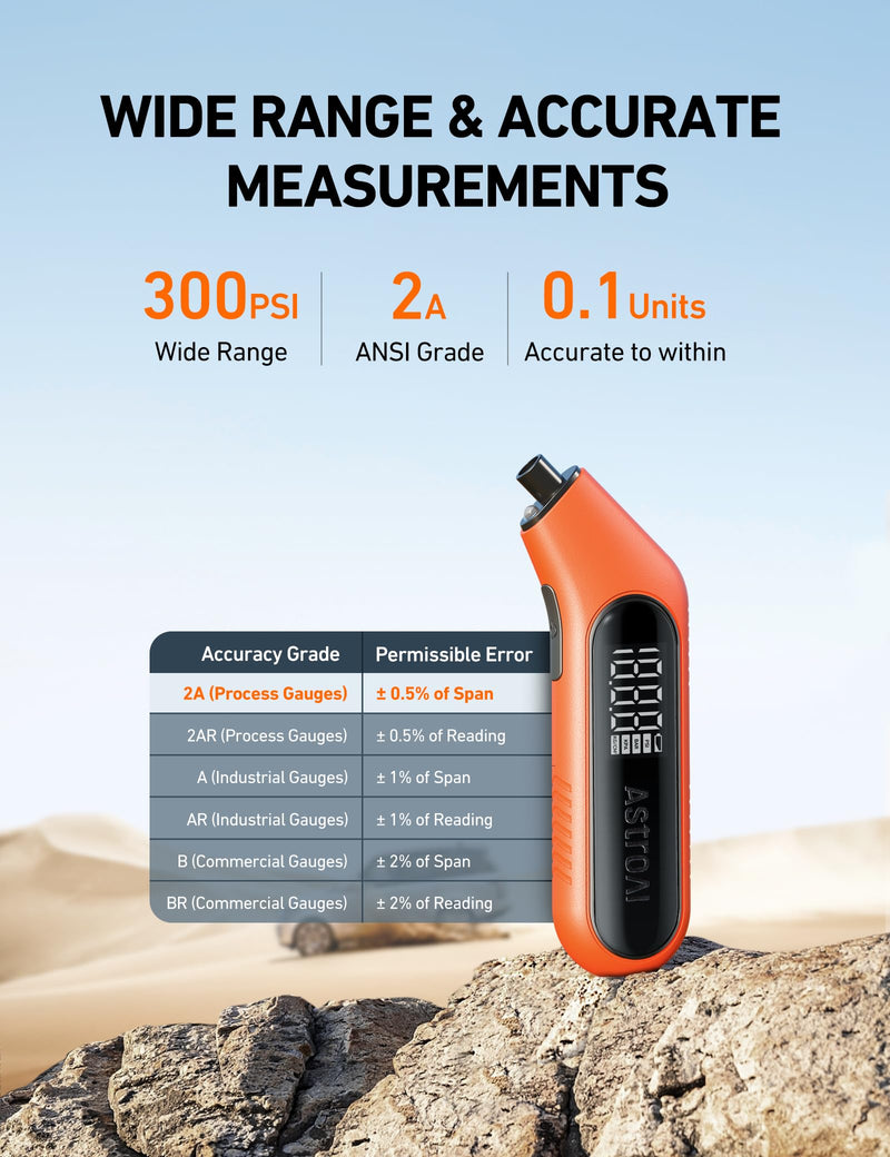 AstroAI Tire Pressure Gauge Digital 3-300PSI Large Screen with Backlight and Flashlight, ANSI 2A High Accuracy, Compatible with Schrader Valves, 4 Units, Presta Valve Adapter Included, AAA Batteries Orange