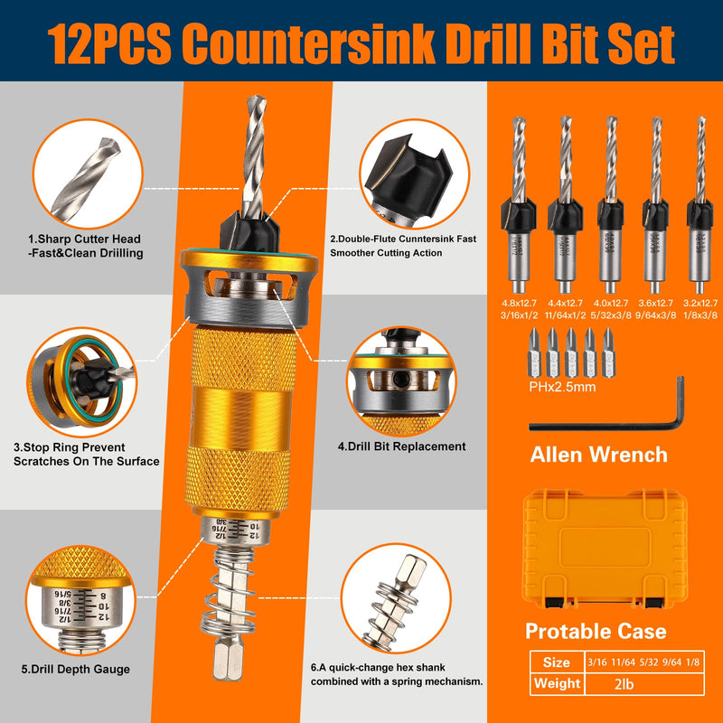 Countersink Drill Bits Set with Depth Stop and Screw Depth Controller (12PCS), Quick Change Hex Shank Countersink Drill with Phillips Bit for Wood, Plastic, Woodworking 12PCS Four Blades Countersink Bits with Phillips Bit