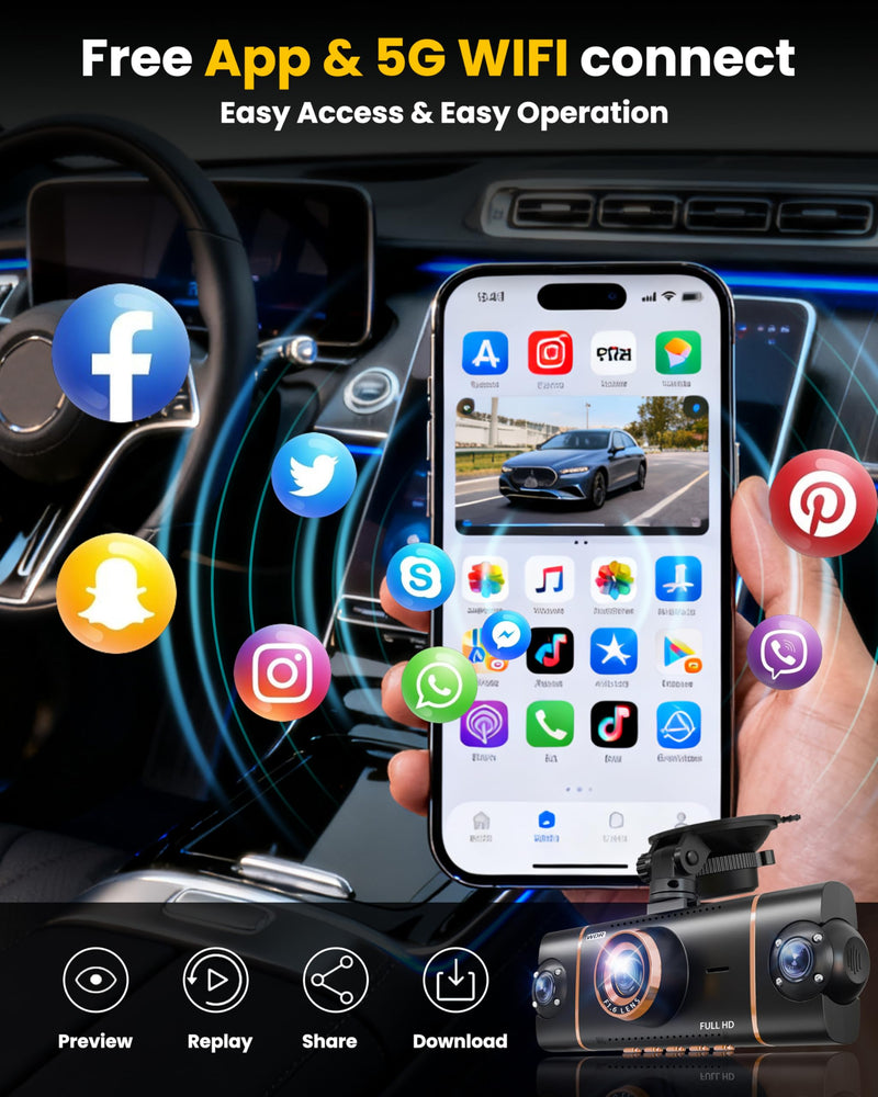 4K Dash Cam Front and Rear, WiFi Dash Camera for Cars with App | 4K+1080P*3 FHD Dash Cam, 64G Card Included, G-Sensor Emergency Lock, 8 IR Lamps Night Vision, 24H Parking Monitor, Black