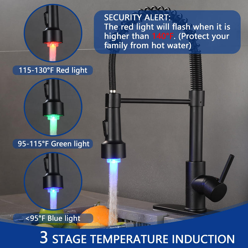 kitchen faucet LED spray head，3-Function Prevent burns spray head，9/16-13/16 IN standard size adapter, replacement sink pull-down faucet, spring single handle faucet(Matte black) Matte Black