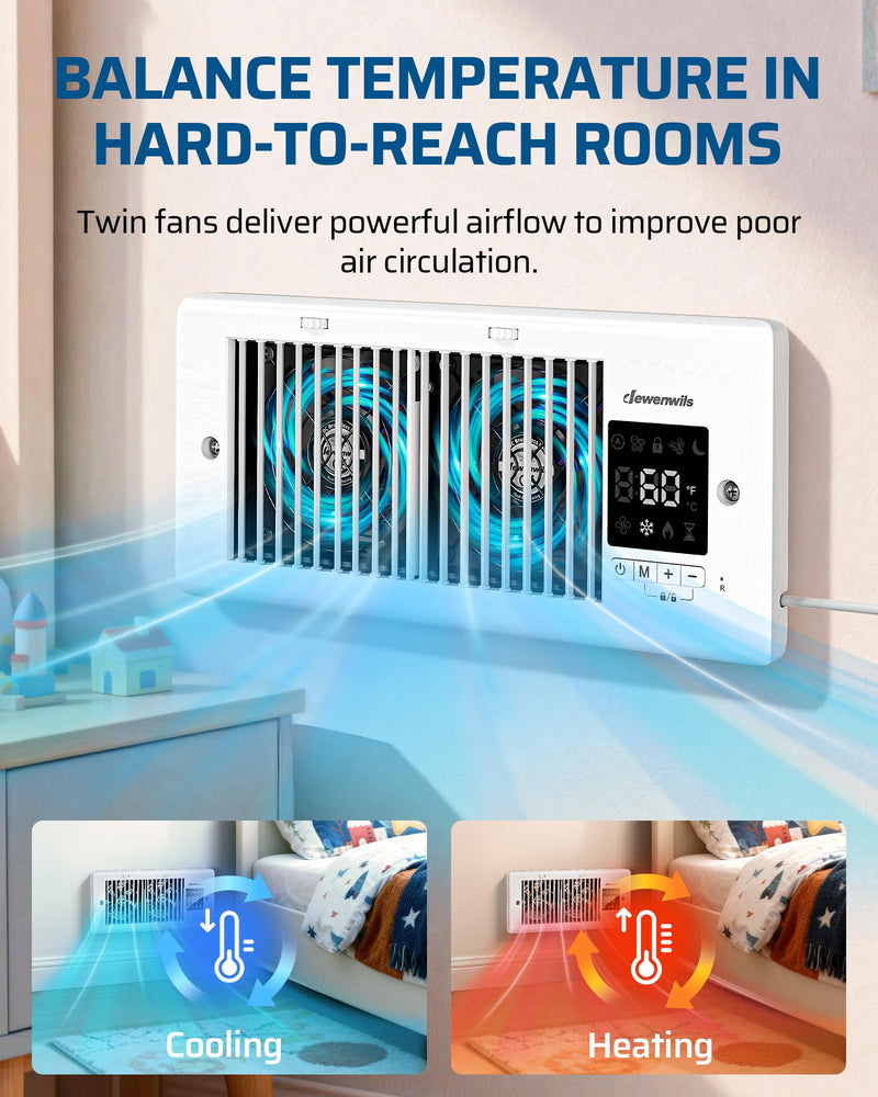 DEWENWILS Register Booster Fan, 4" x 10" Register Holes, 180 Adjustable Grille Vent Fan Booster, Improves Heating & Cooling Vents, Quiet 140 CFM, Panel & Remote Control for Room, Floor, Wall, White 4" x 10"