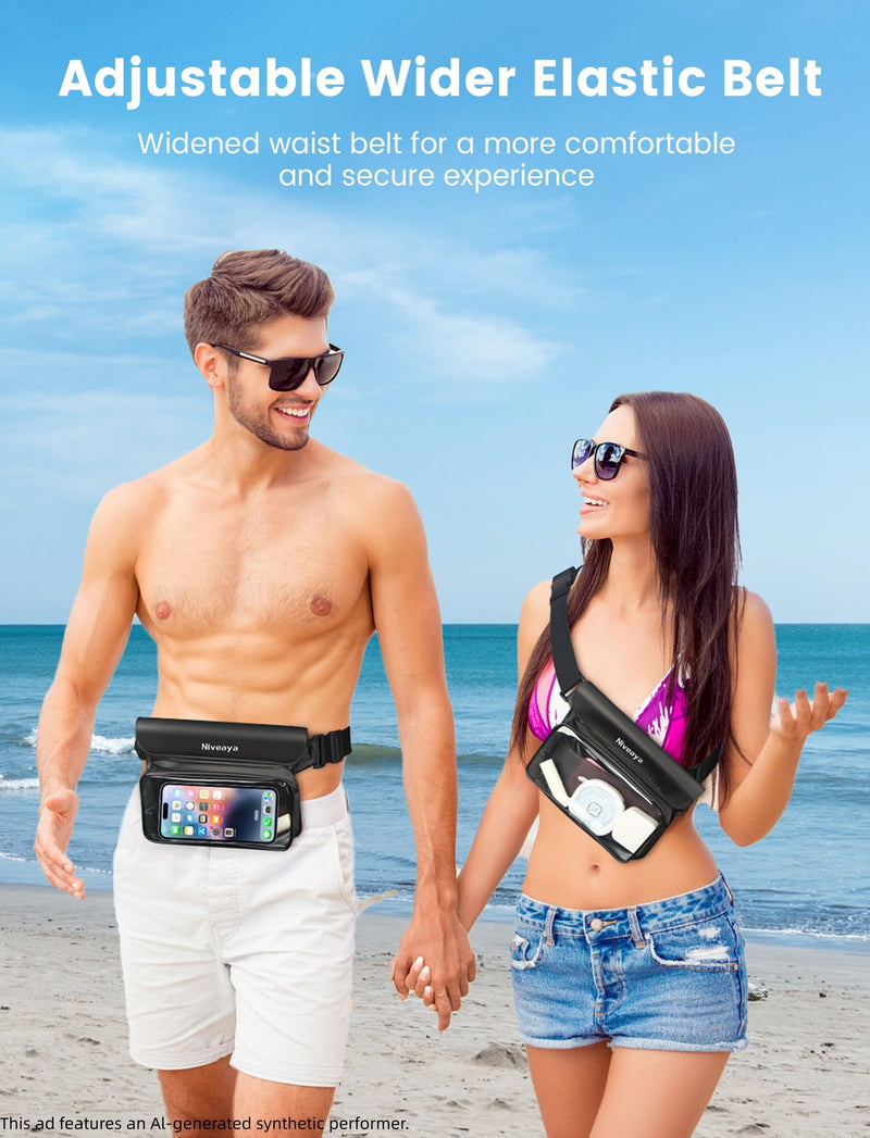 Niveaya IPX8 Waterproof Fanny Pack for Men Women, Large Capacity Touch Screen Dry Bag for Kayaking, Paddle Boarding, Waterpark & Swimming Essentials, Adjustable Waist Strap Pouch for Cell Phone Black&Army Green