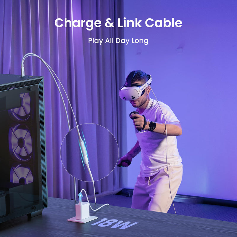 KIWI design Link Cable with Charging 16FT Compatible with Meta Quest 3S/3/2/Pro/Pico 4 Accessories and PC/SteamVR, USB 3.0 to USB C Link Cable with 5Gbps Super Speed for Extended Gameplay, White