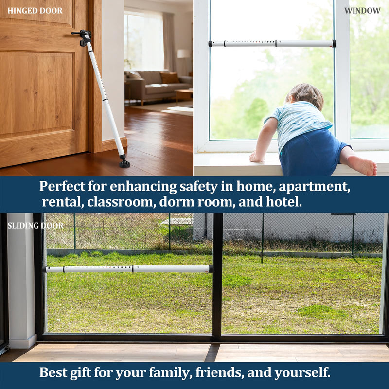3-in-1 Door Security Bar with Heavy-Duty Metal, Adjustable 16"-41.7" Door Lock Stick,Sliding Patio Door Security Bar with 2.8" Non-Slip Base for Home,Apartment,Travel Safety–Portable Door &Window Lock White