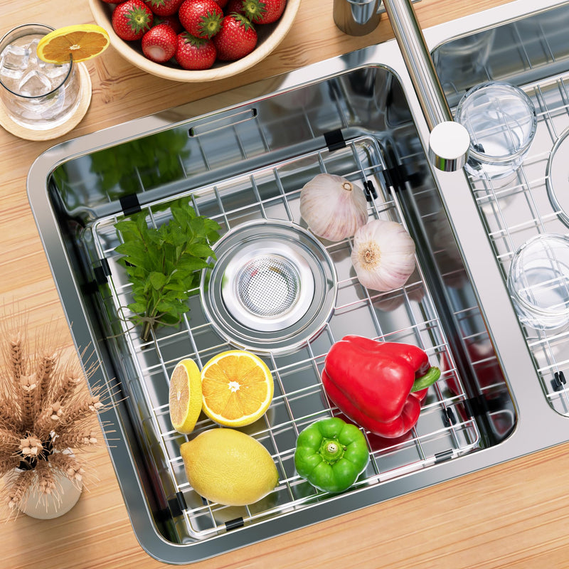 Sink Rack,Sink Protector for Kitchen Sink,Stainless Steel Sink Grid for Bottom of Sink 13"W x 15"L,Metal Sink Grate with Strainer,Rear Drain for Single Bowl with Corner Radius,1 pack 1