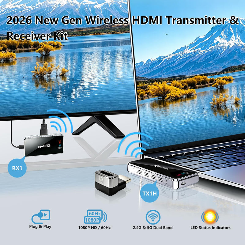 Wireless HDMI Transmitter and Receiver, Plug and Play Extender Kit | Wirelessly transmit video and audio to compatible displays with plug-and-play setup, LED guidance and efficient cooling. Silver