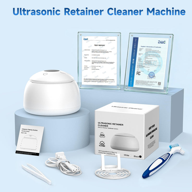 Ultrasonic Retainer Cleaner with UV Light - 45kHz Deep Cleaning Pod for Dentures, Aligners, Night Guards - Includes Cleaning Brush, 200ml Capacity (White) white