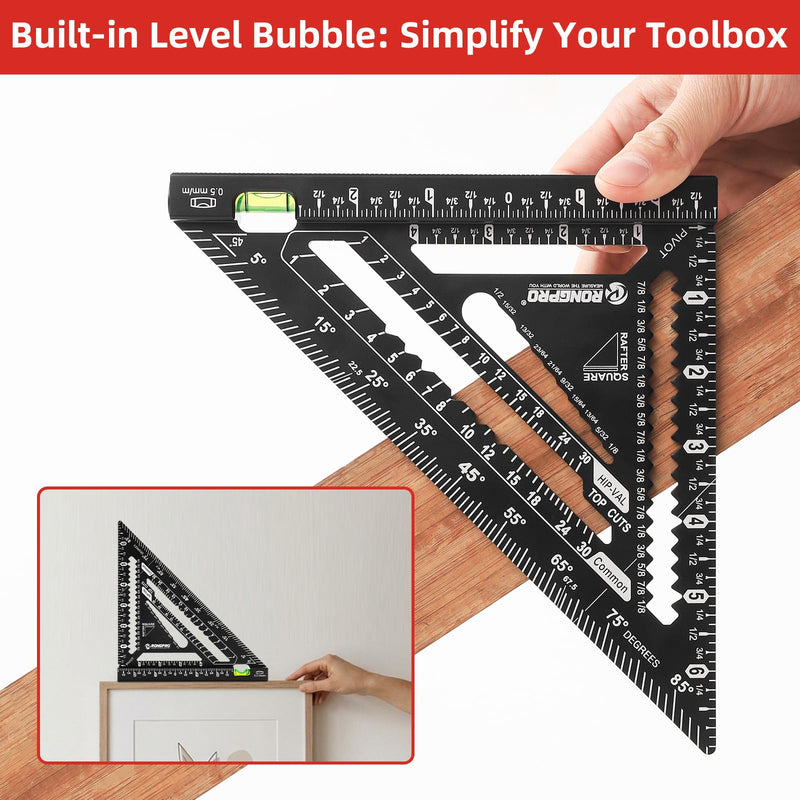 7inch Rafter Square with Level Vial, Heavy Duty Multi-Purpose Aluminum Triangle Ruler with Carpenter Pencil for Woodworking and Home DIY