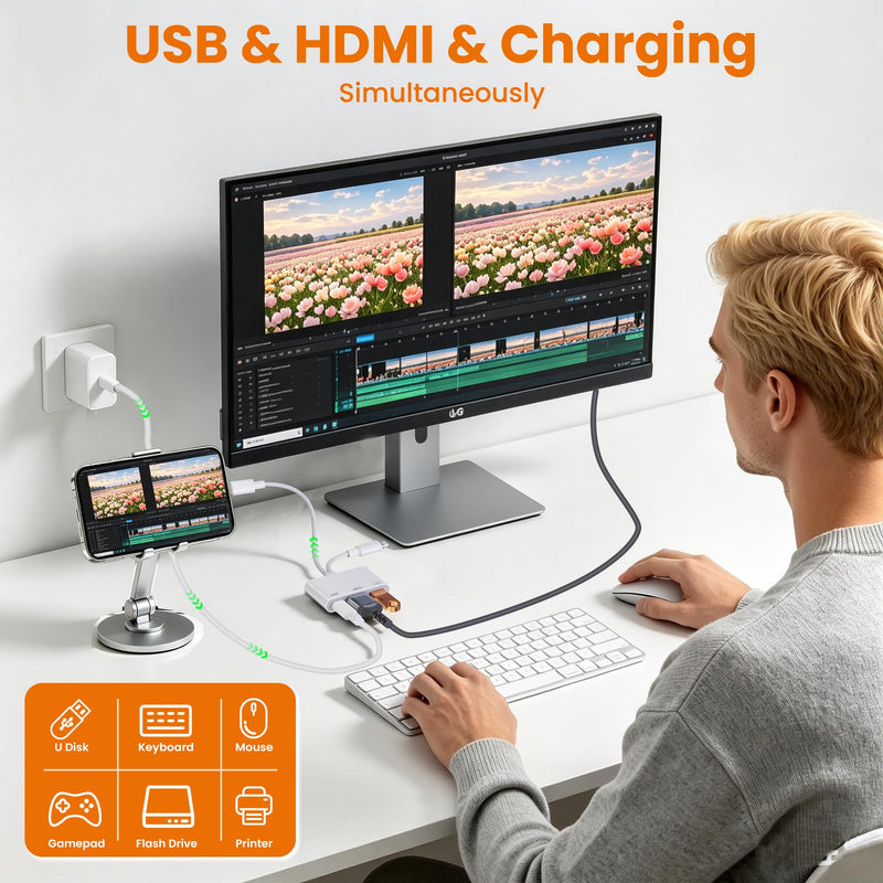 3in1 USB-C and Lightning to HDMI Adapter & OTG Adapter for iPhone iPad - 1080P MFi Apple Lightning Digital AV Adaptor with Charging & USB Flash Drive Ports for iPhone 17-6/iPad to Projector/Monitor/TV