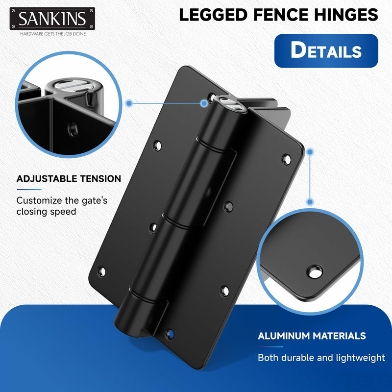 5-3/4" Adjustable Self Closing Aluminum Gate Hinges, Heavy Duty Gate Hinges for Metal Gates, Legged Door Hinges Fence Gate Hinge for Pool Gate, Aluminum Gate, 2pcs, Black