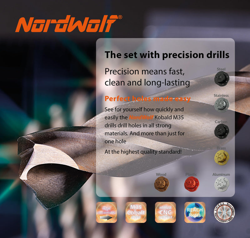 NordWolf 5-Piece M35 Cobalt Stubby Drill Bit Set for Stainless Steel & Hard Metals, with 1/4" Hex Shank for Quick Chucks & Impact Drivers, SAE Sizes 5/32"-13/64"-9/32"-11/32"-3/8" in Storage Box 5/32" to 3/8" (5 Pcs)