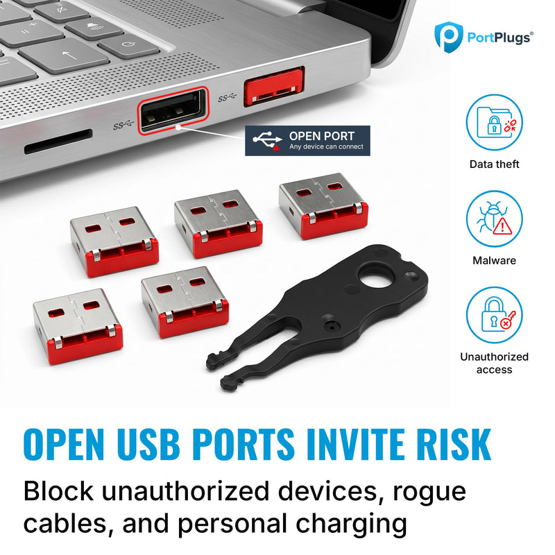 USB A Port Blockers 10 Pack, Two Point Zinc Alloy Locks, 1 Key, Red | Two point locking design, zinc alloy construction, helps deter unauthorized USB access, removable with included key Red - 10 Pack