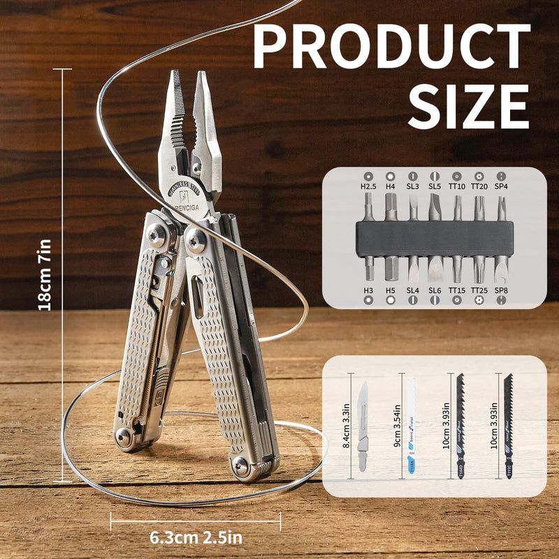 High-end Professional Multitool Pliers 15-in-1 Stainless Steel with Safety Lock 7-inch Multi Tool Foldable Pliers with Large Saw Blade Wire Cutter Scissors and Screwdirver Set Camping Survival for Man