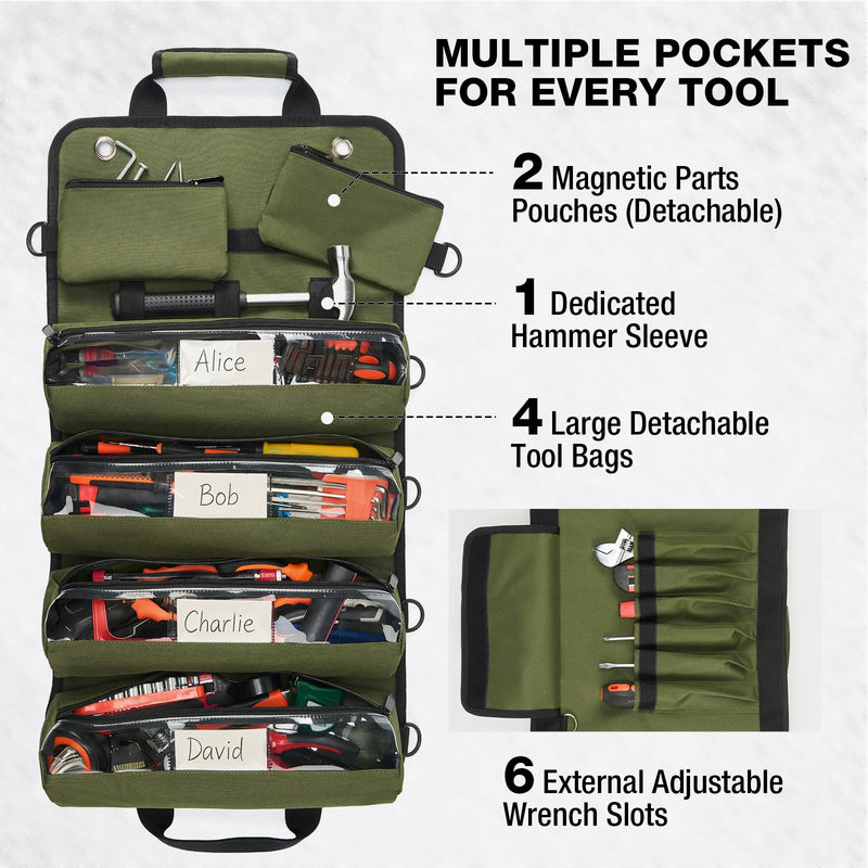 HISEA Roll Up Tool Bag, Heavy Duty Tool Storage Large-Capacity, 27"*14" Portable Tools Organizer with Utility Detachable Pouches, Waterproof Tool Roll Bag for Mechanic, Electrician, Gifts Green 14inch