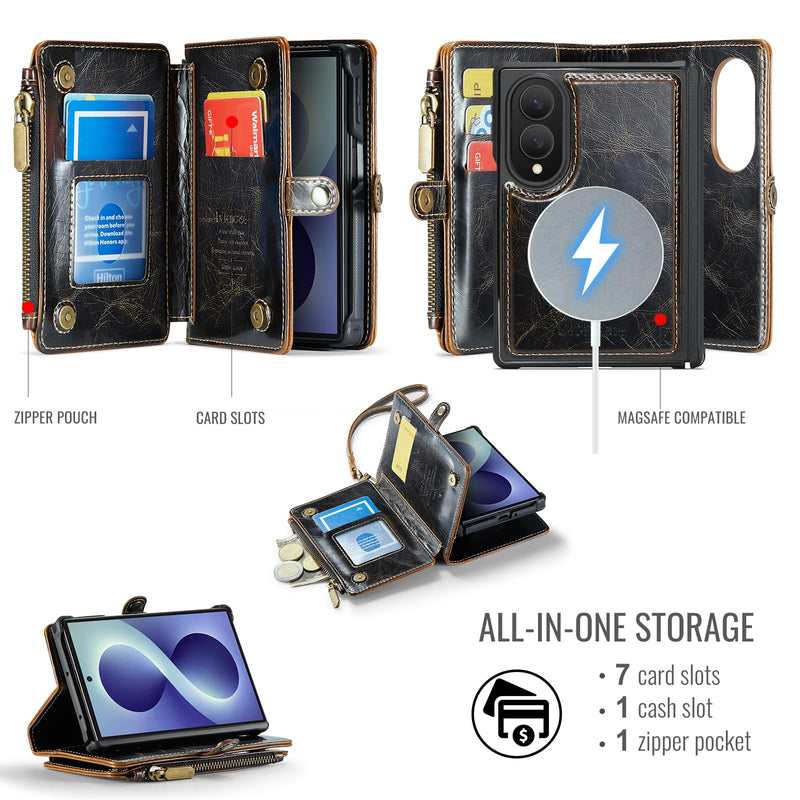 Defencase for Galaxy Z Fold 8 Case Wallet Compatible with Magsafe, Coffee | Magnetic Detachable, RFID Bolcking Card Holder, Zipper, PU Leather, Drop-Proof Phone Cases Cover for Samsung Galaxy Z Fold 8 (Detachable with Magsafe)-Coffee