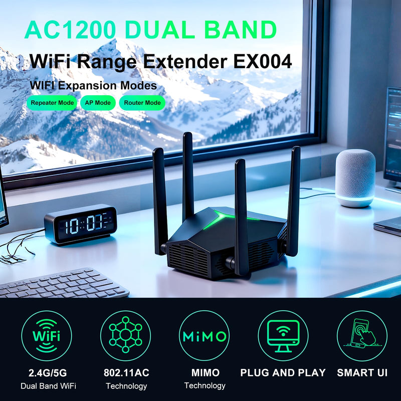 2025 AC1200 WiFi Range Extender, USB Dual Band 5GHz/2.4GHz WiFi Repeater with 3 Modes & 2 Ethernet Ports Cover up to 12000 Sq.ft, EX004 Internet Signal Booster for Whole Home, Plug and Play (Black) Black