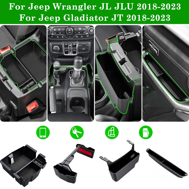 4PCS Center Console Organizer for 2018-2022 2023 Jeep Wrangler JL JLU and Gladiator JT Accessories Gear Shift Side Tray Organizer,Hanging Armrest Storage Box (Not for JK/JKU) 2018-2023(4PCS)