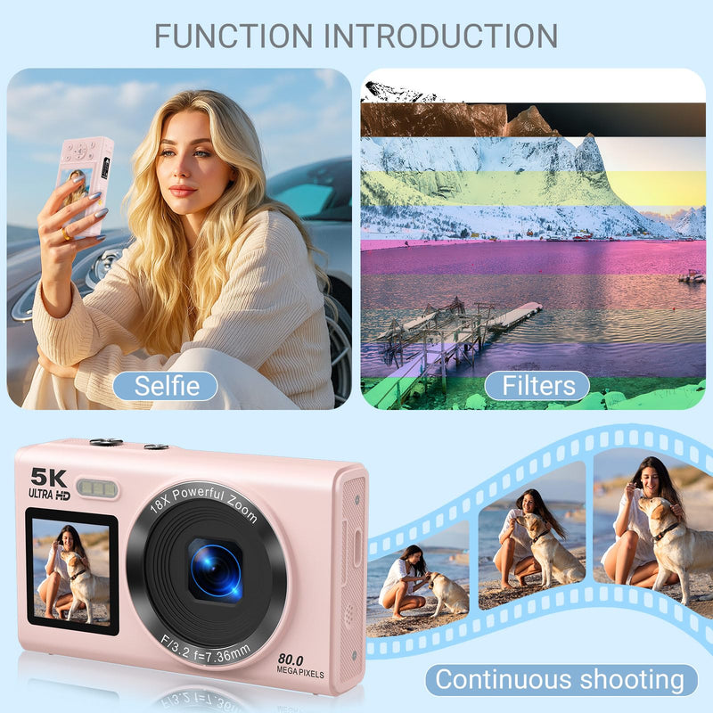 5K Digital Camera for Photography, 80MP Dual Screen Vlogging Camera for YouTube with WiFi, 16X Digital Zoom, Beauty Function, 2.8-inch Screen, Fill Light Includes 32GB Card & 2 Batteries (Pink) Pink