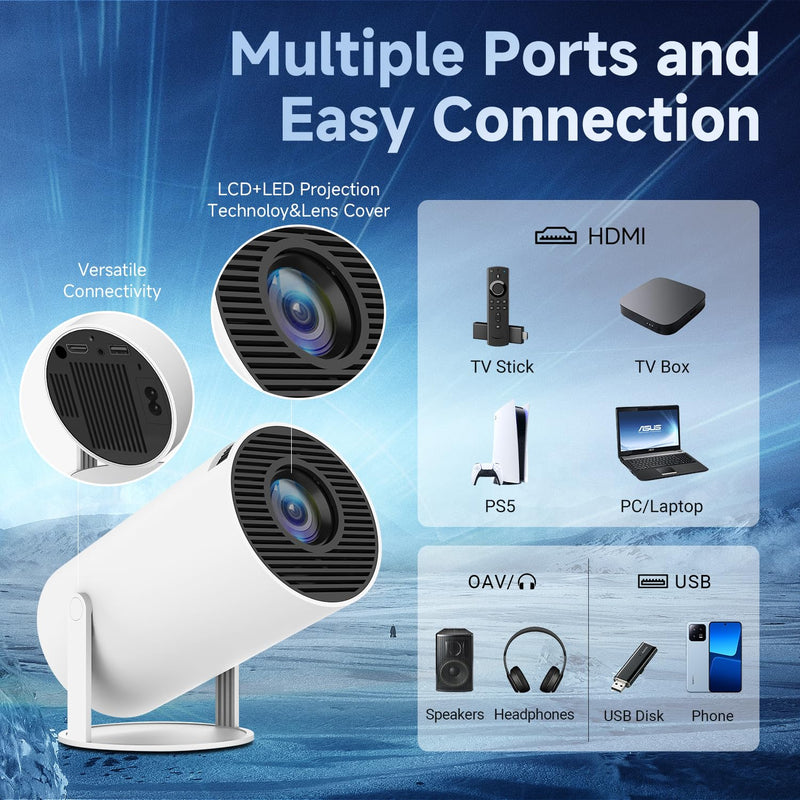 1080P Projector with Android 11, 300 ANSI Home Theater Projector, 4K Support, 30-130” Display, WiFi 6, BT 5.0, Portable Movie Projector Compatible with Smartphone, HDMI,USB white