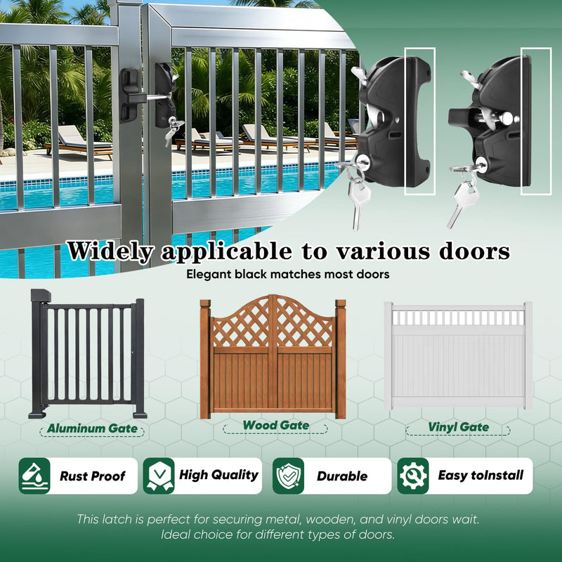 Gate Latch Key, Gate Latch Gate Fence Lock, for Outdoor Gates, Square Frame Post Metal, Wood, Vinyl Fence Gates, Black