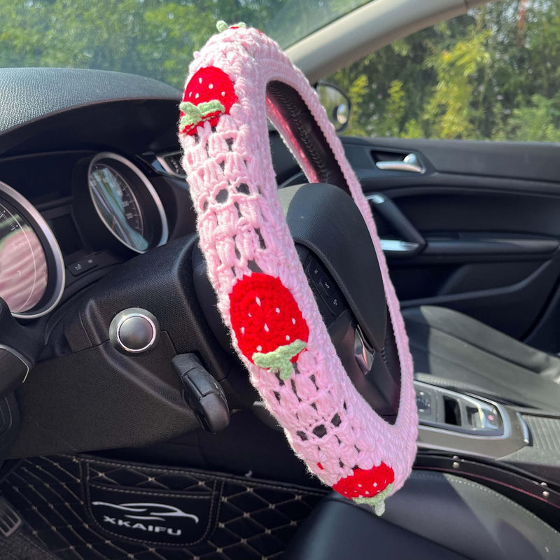Crochet Steering Wheel Cover Set,Cute Car Steering Wheel Cover Boho 14-15in,Pink Strawberry Granny Square Pattern,Hippie Women Car Accessories (A Wheel Cover) A Wheel Cover